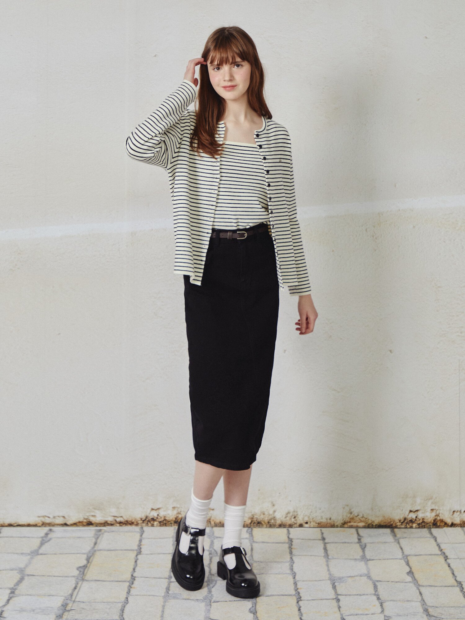 스트라이프 라운드넥 니트 가디건 (IVORY)