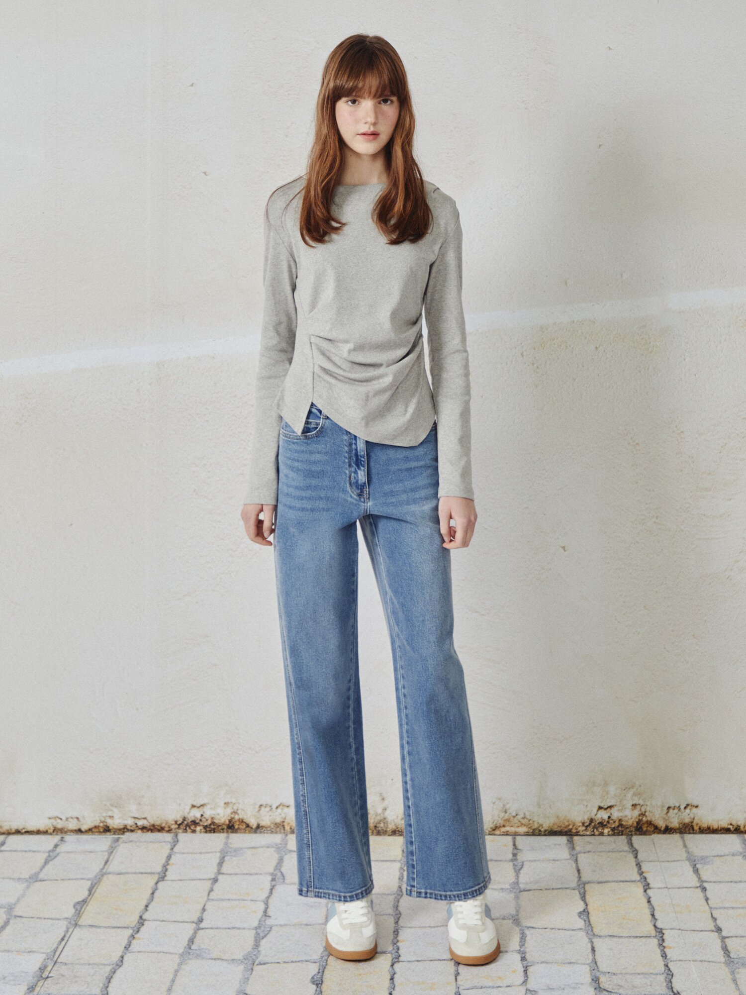 로고 포인트 와이드핏 데님팬츠 (BLUE)