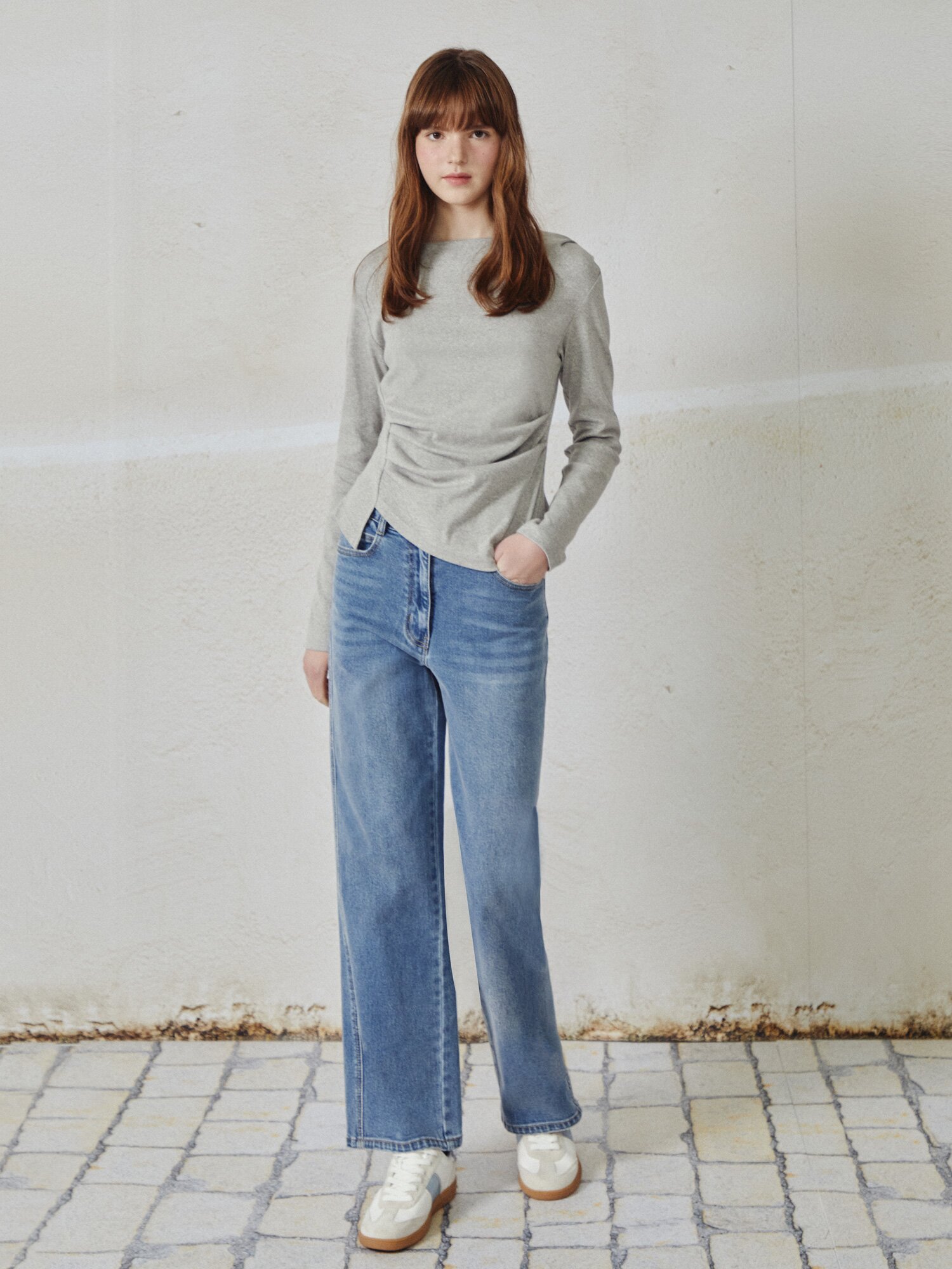 로고 포인트 와이드핏 데님팬츠 (BLUE)