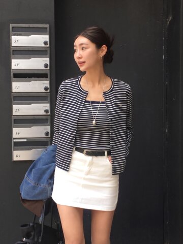 스트라이프 라운드넥 니트 가디건 