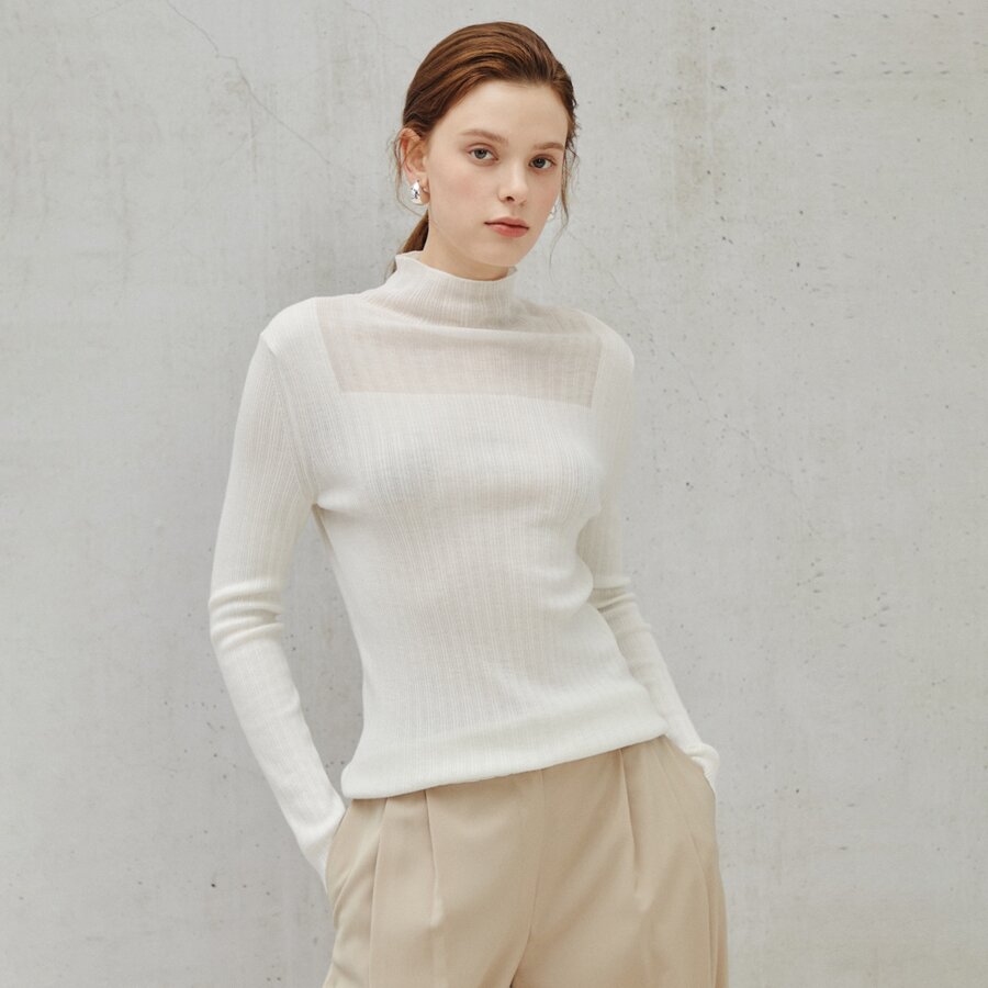 시어 하프넥 리브 풀오버 니트 탑 (IVORY)