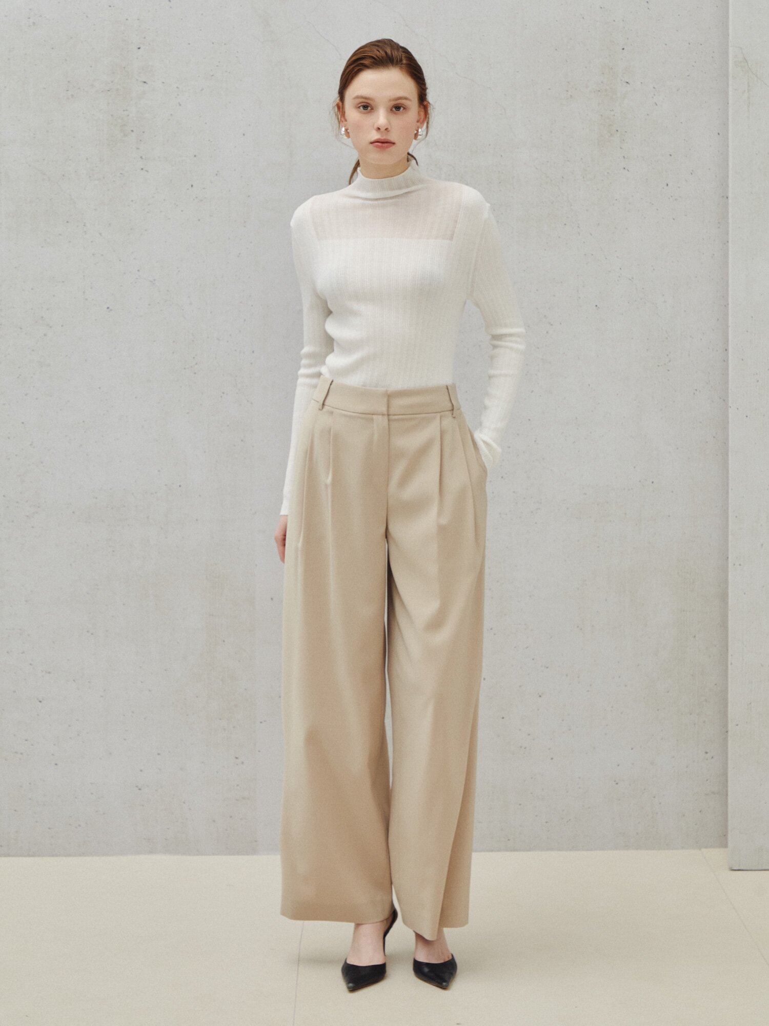 시어 하프넥 리브 풀오버 니트 탑 (IVORY)