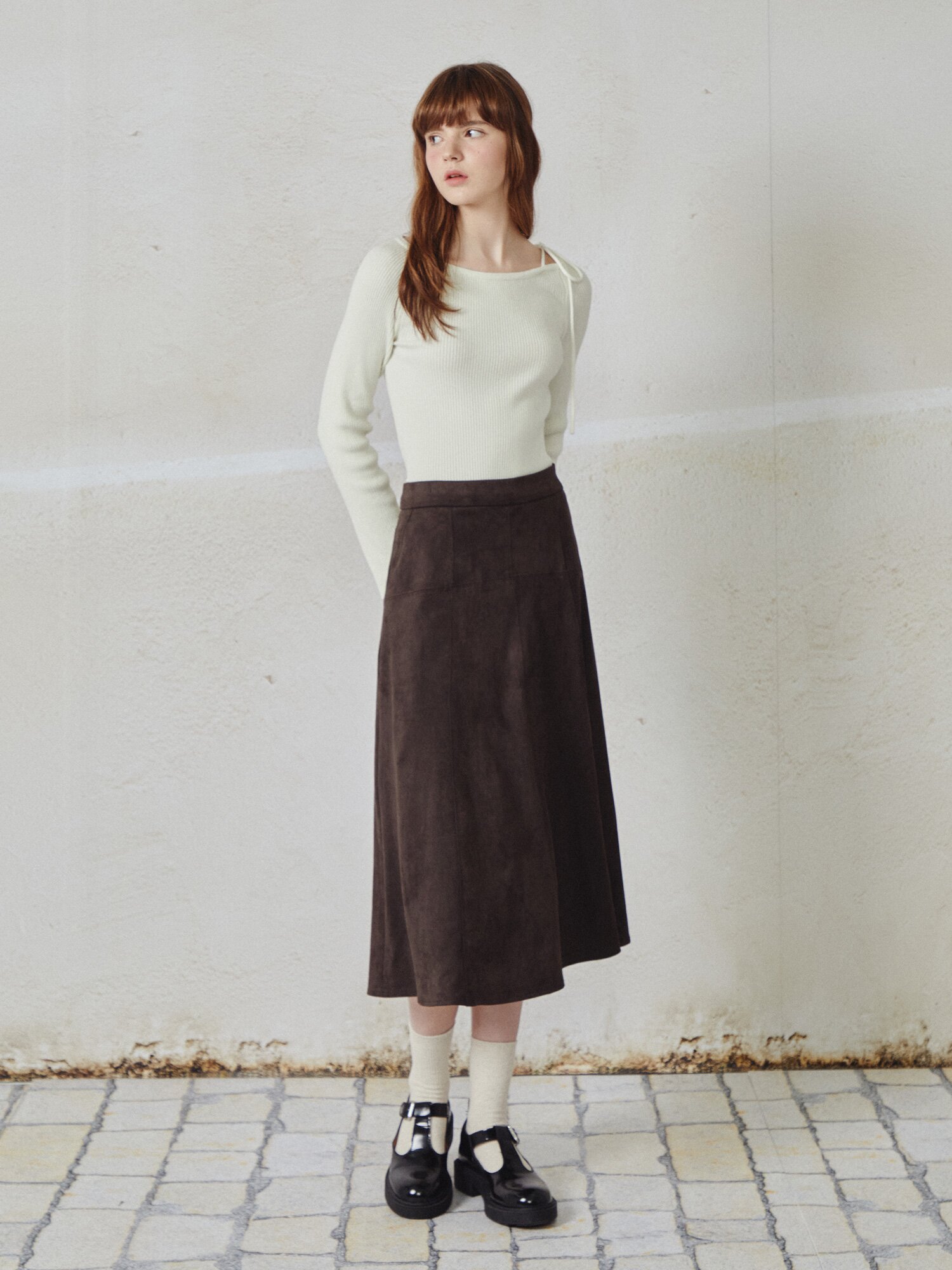 페이크 스웨이드 A라인 스커트 (DARK BROWN)