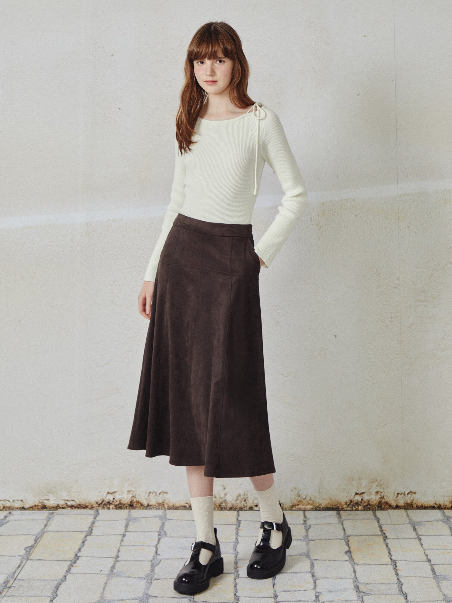 페이크 스웨이드 A라인 스커트 (DARK BROWN)