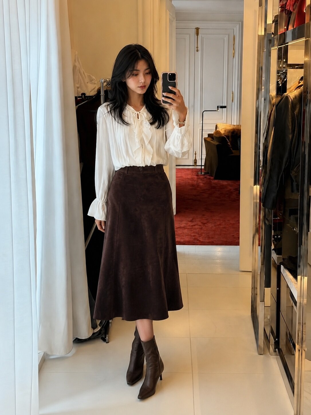 페이크 스웨이드 A라인 스커트 (DARK BROWN)