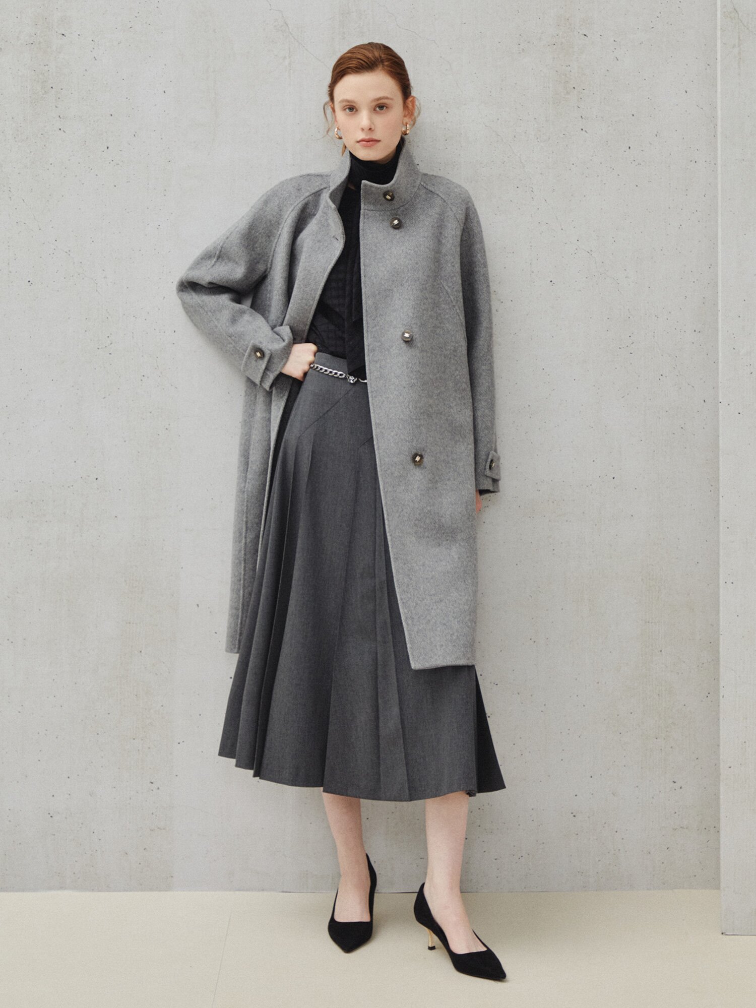 체인 포인트 플리츠 스커트 (GREY)