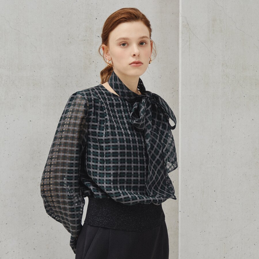 체크 머플러 세트 쉬어 블라우스 (CHECK GREEN)