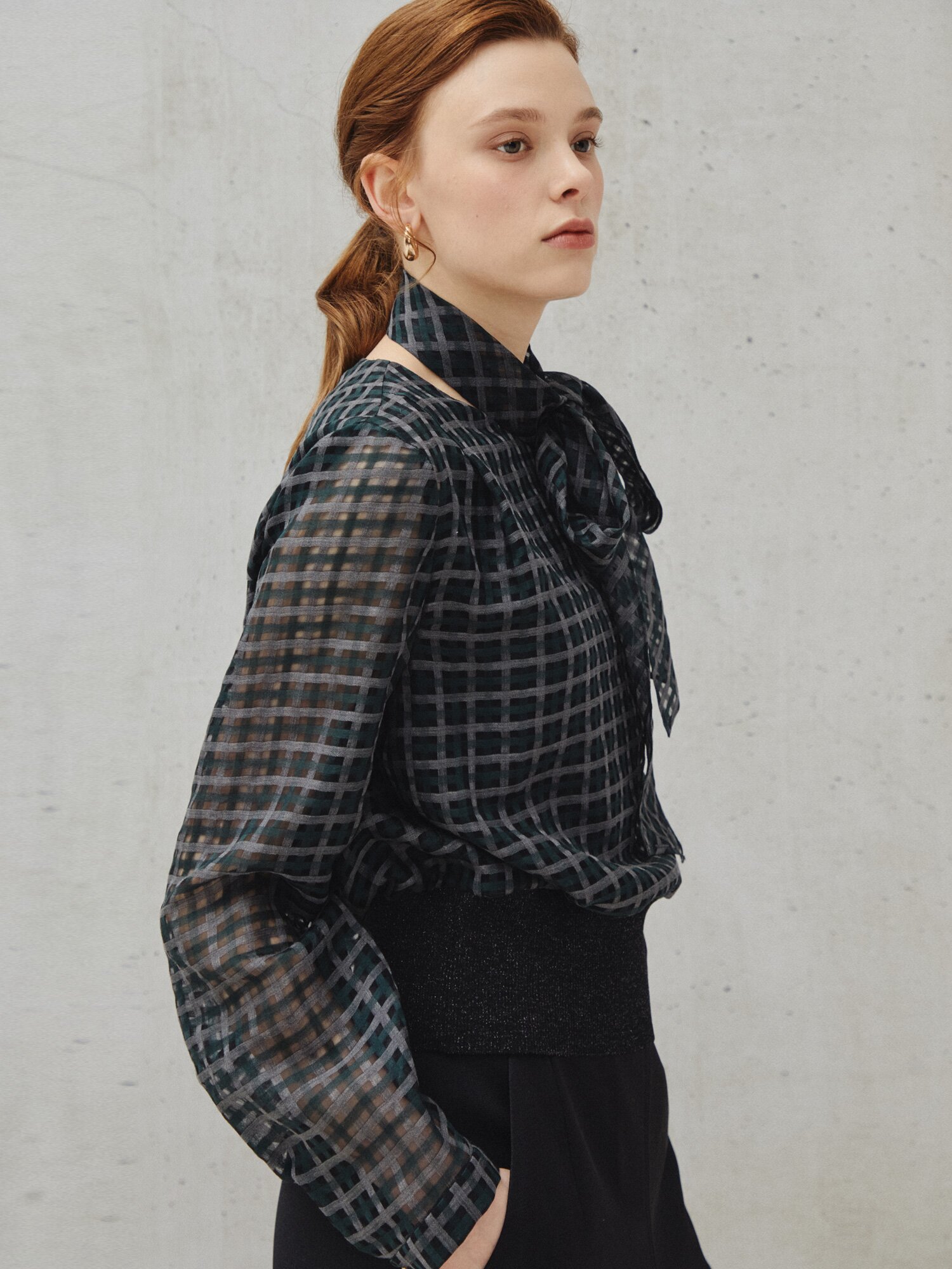 체크 머플러 세트 쉬어 블라우스 (CHECK GREEN)