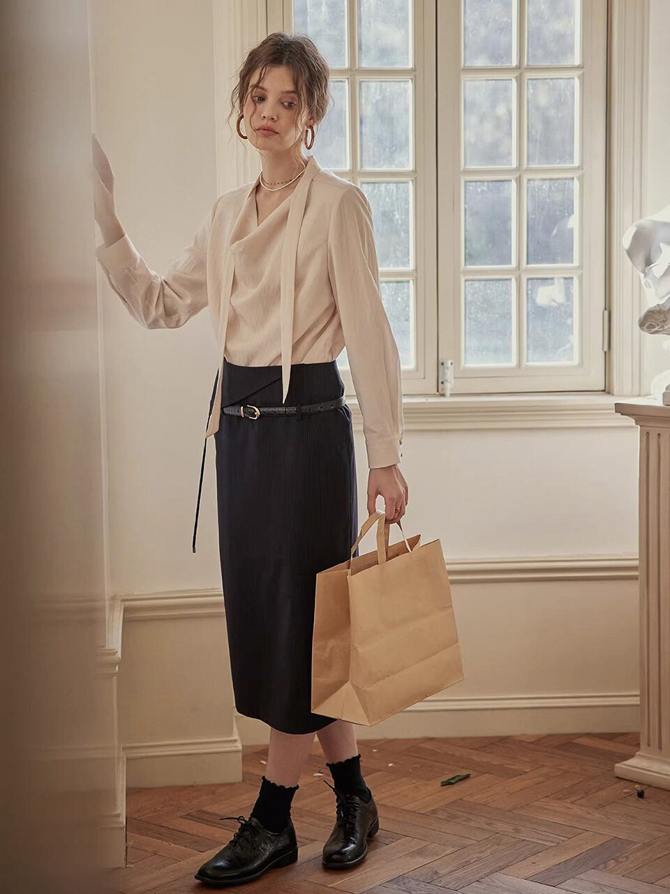 PM_Draped tie neck blouse