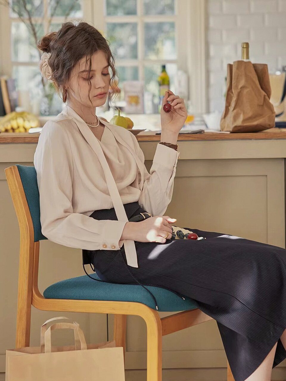 PM_Draped tie neck blouse