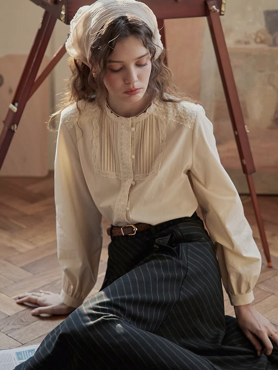 PM_Lace dot button blouse