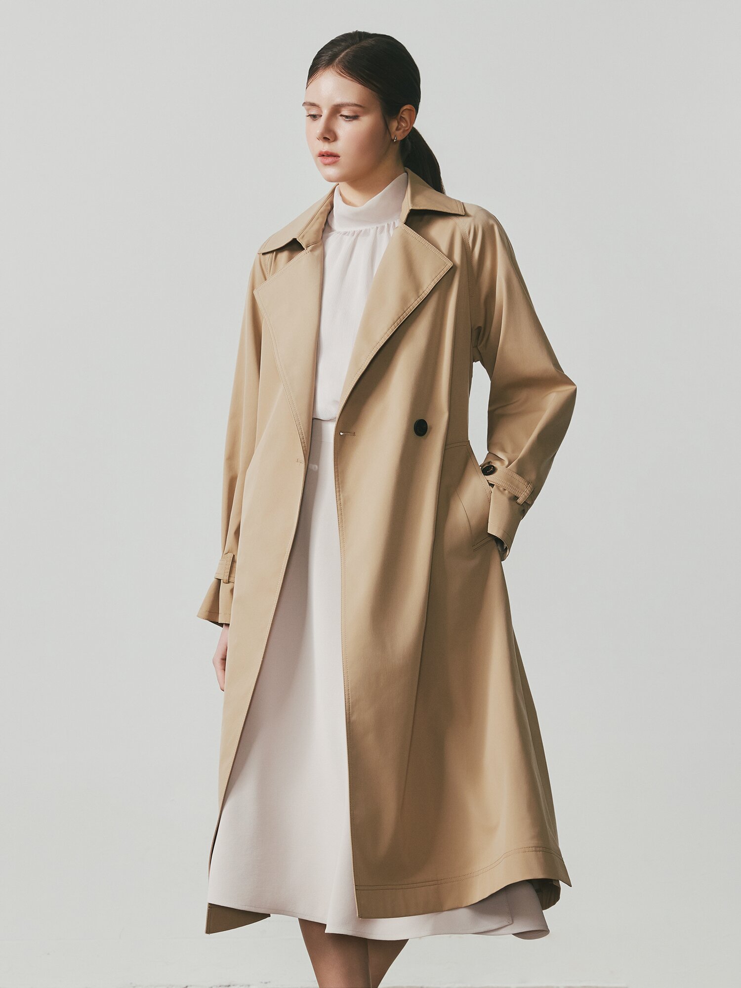 루즈핏 더블 원버튼 트렌치 코트 (BEIGE)