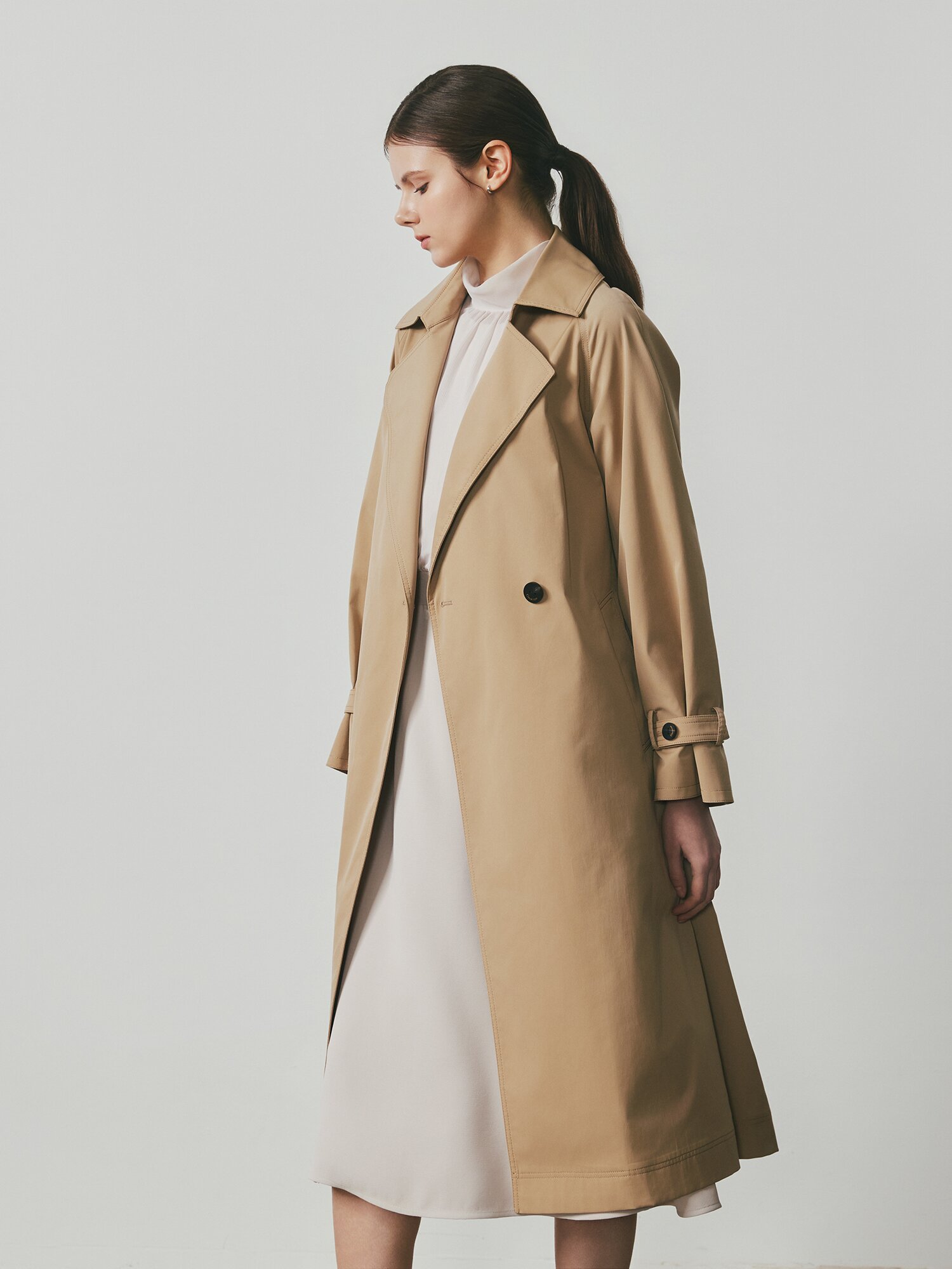 루즈핏 더블 원버튼 트렌치 코트 (BEIGE)