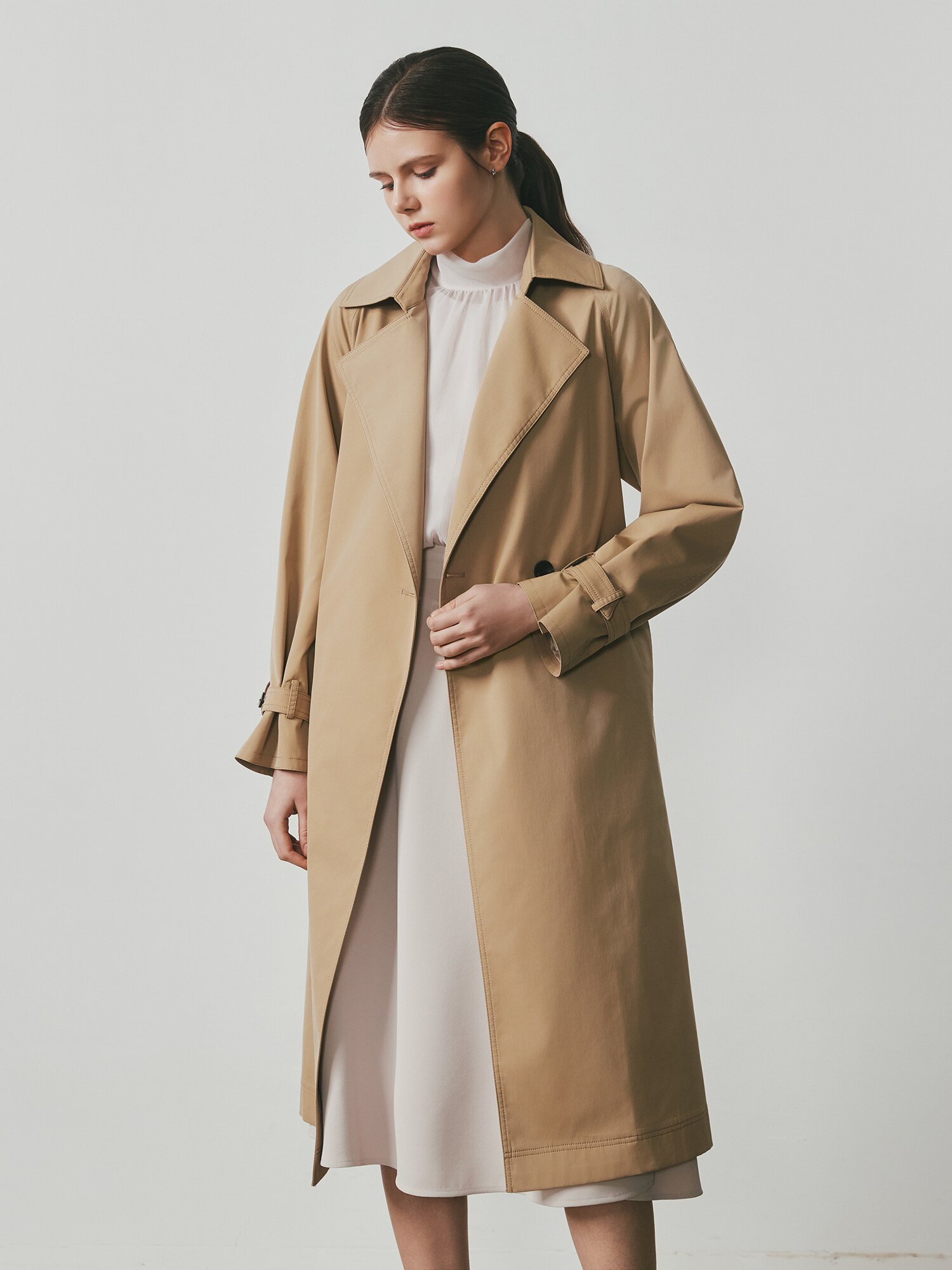 루즈핏 더블 원버튼 트렌치 코트 (BEIGE)