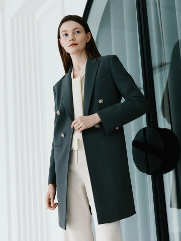 울 피크드 라펠 더블 롱 재킷 