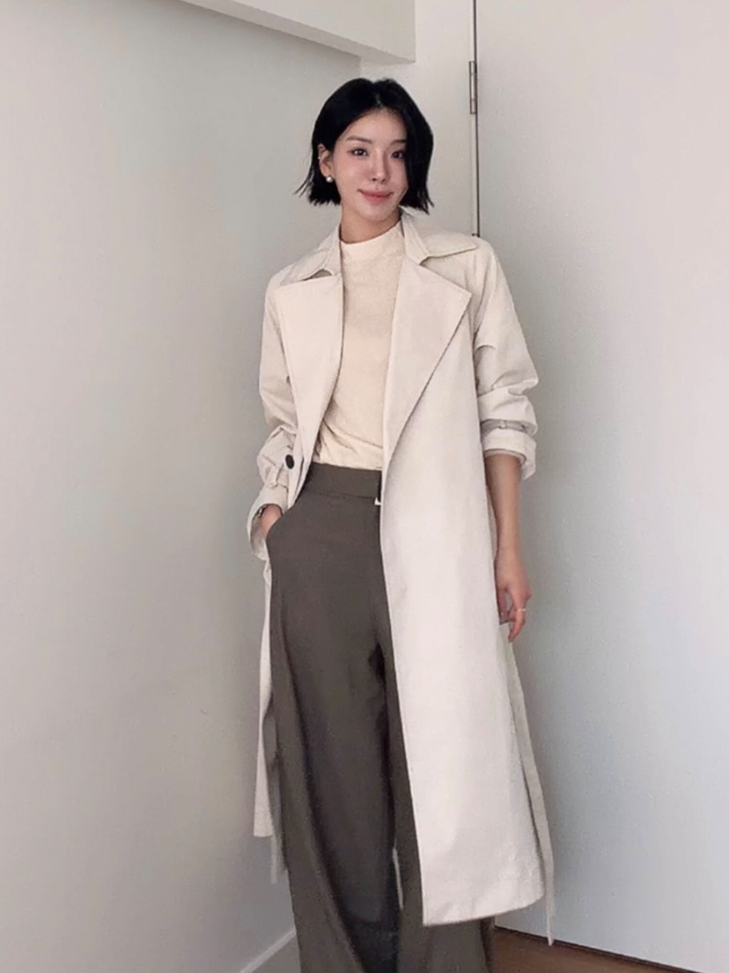 루즈핏 더블 원버튼 트렌치 코트 (IVORY)