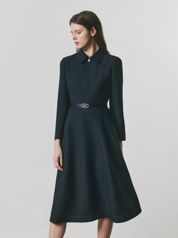 자카드 반집업 칼라 플레어 원피스 