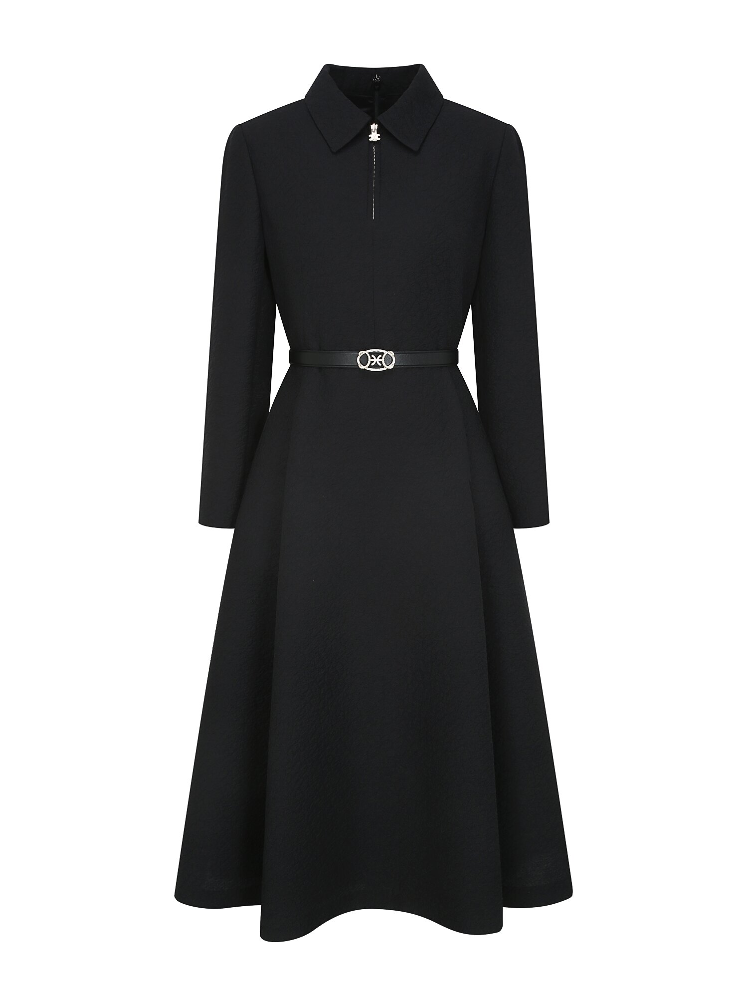 자카드 반집업 칼라 플레어 원피스 (BLACK)