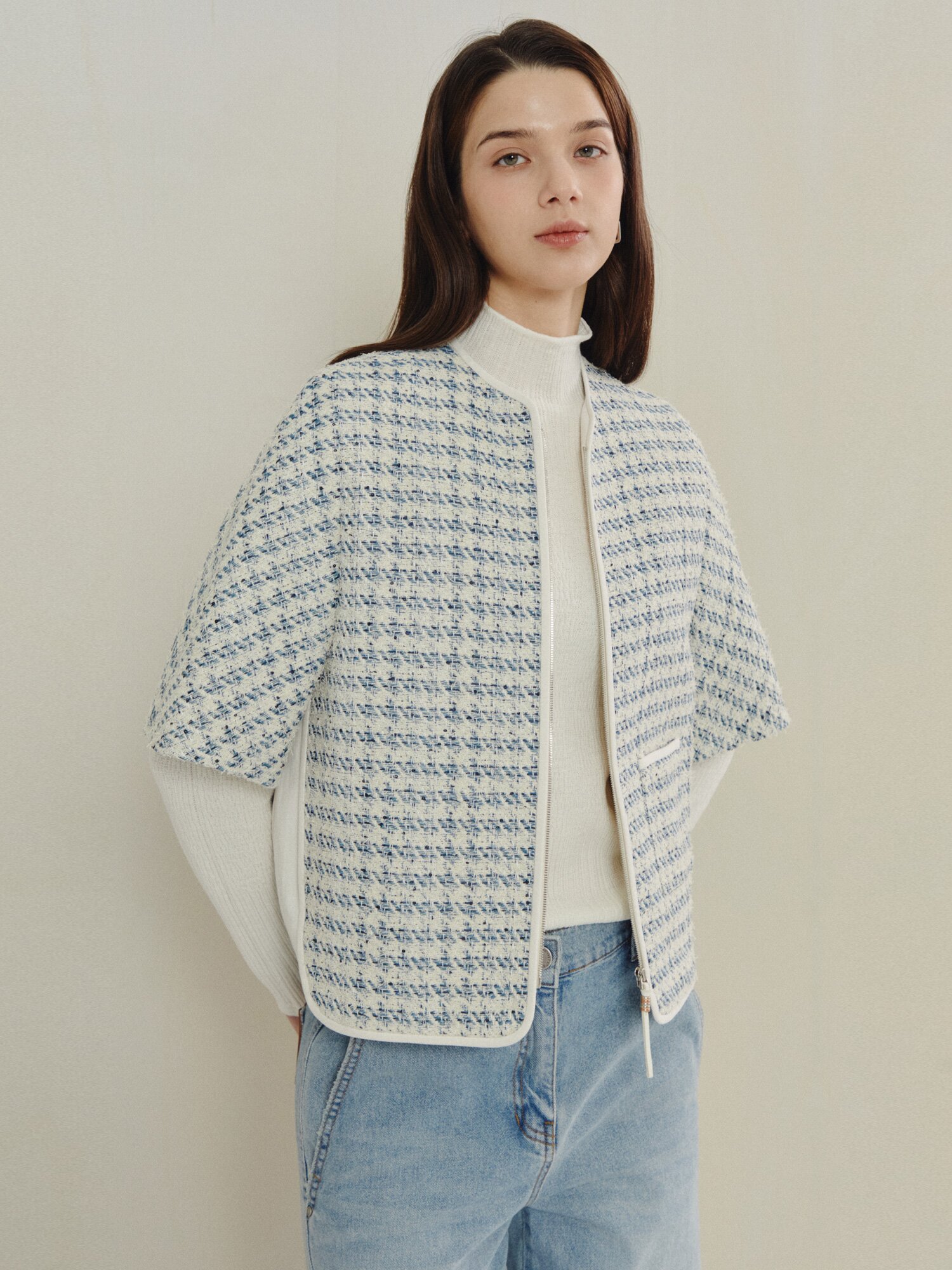 프렌치 트위드 집업 숏 재킷 (LIGHT BLUE)