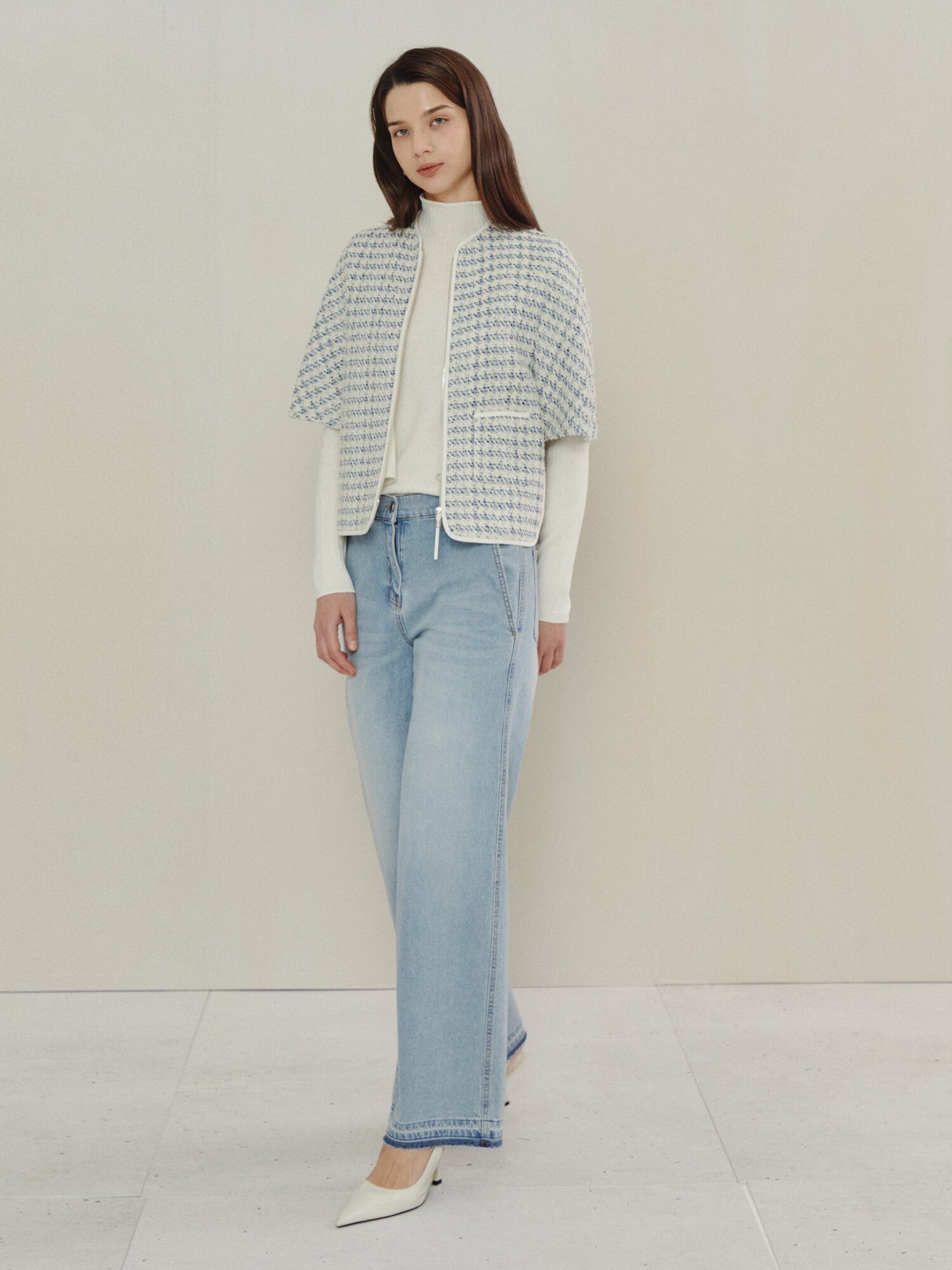 프렌치 트위드 집업 숏 재킷 (LIGHT BLUE)