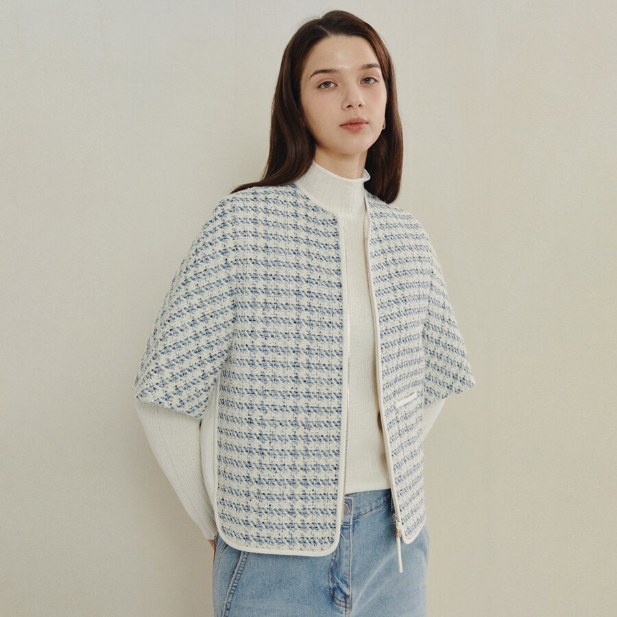프렌치 트위드 집업 숏 재킷 (LIGHT BLUE)