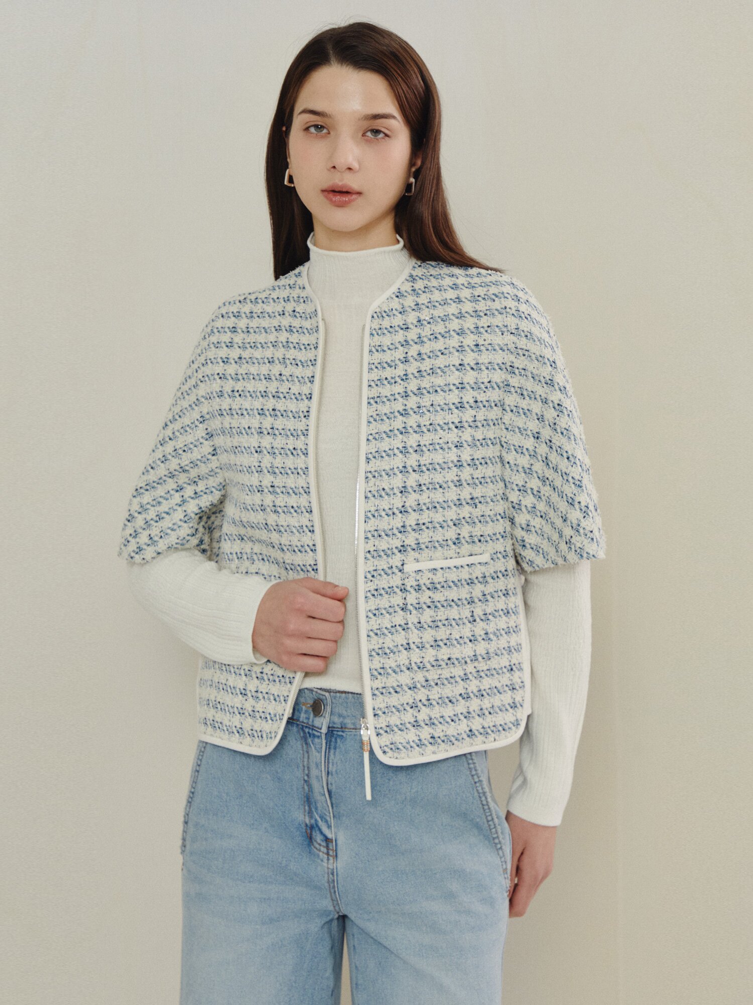 프렌치 트위드 집업 숏 재킷 (LIGHT BLUE)