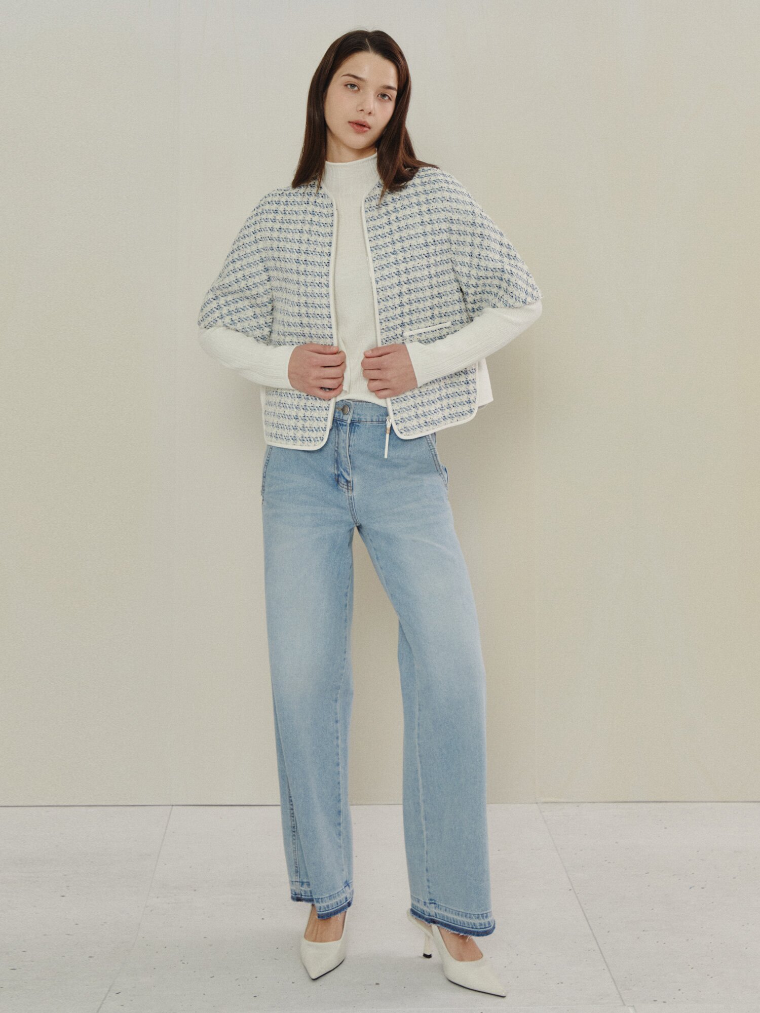 프렌치 트위드 집업 숏 재킷 (LIGHT BLUE)