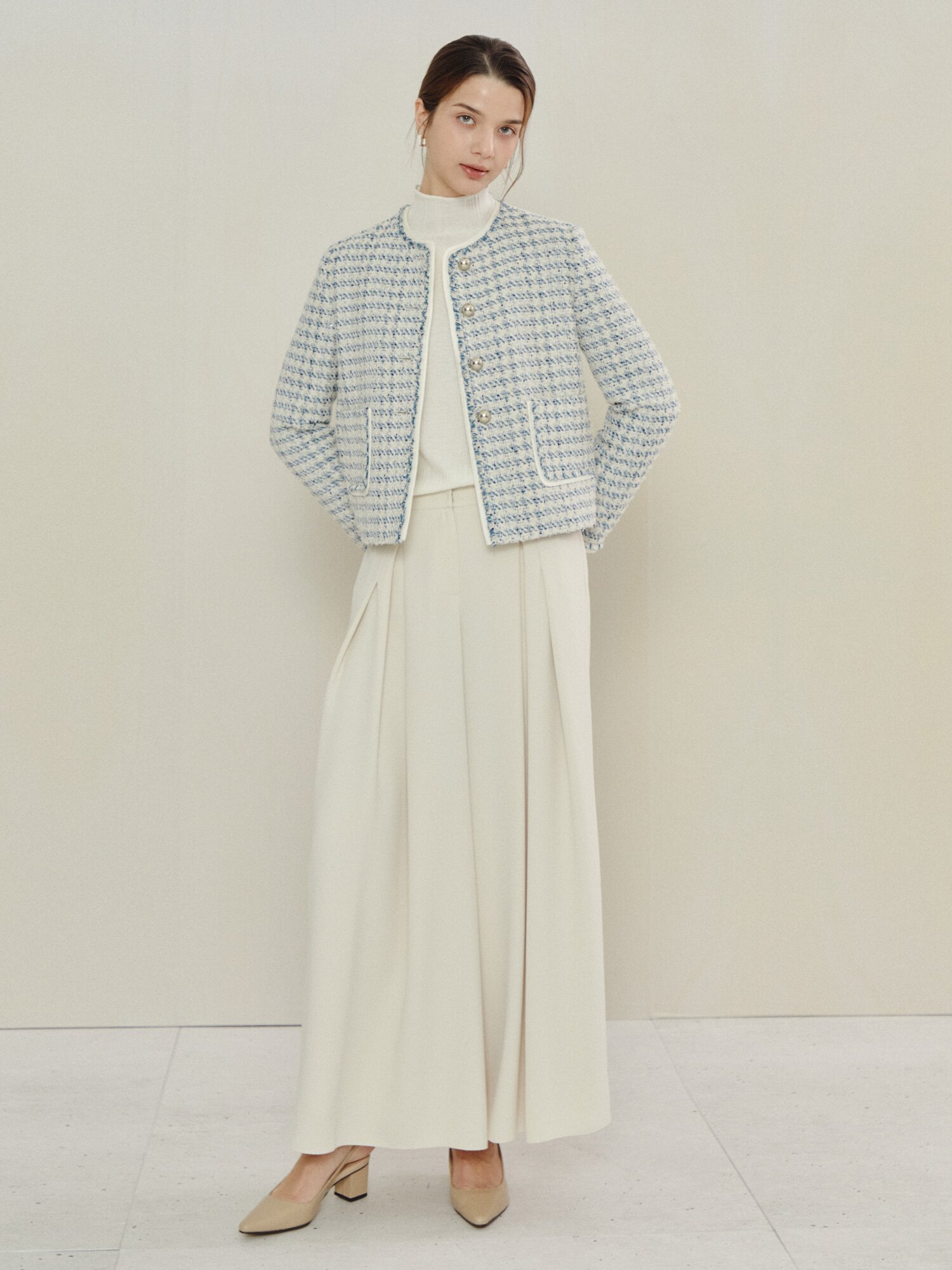 플로우 플리츠 롱 와이드 팬츠 (LIGHT BEIGE)