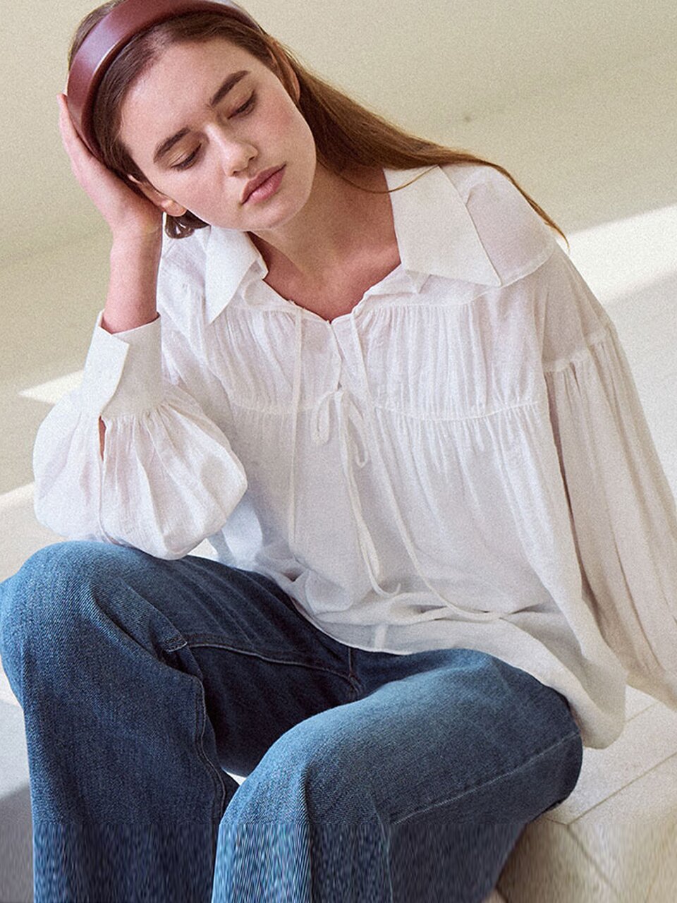 Ribbon tie shirring blouse_3 Colors