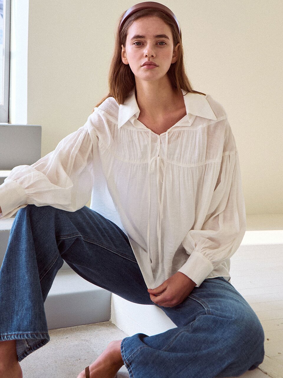 Ribbon tie shirring blouse_3 Colors