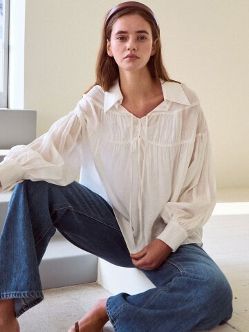 Ribbon tie shirring blouse_3 Colors