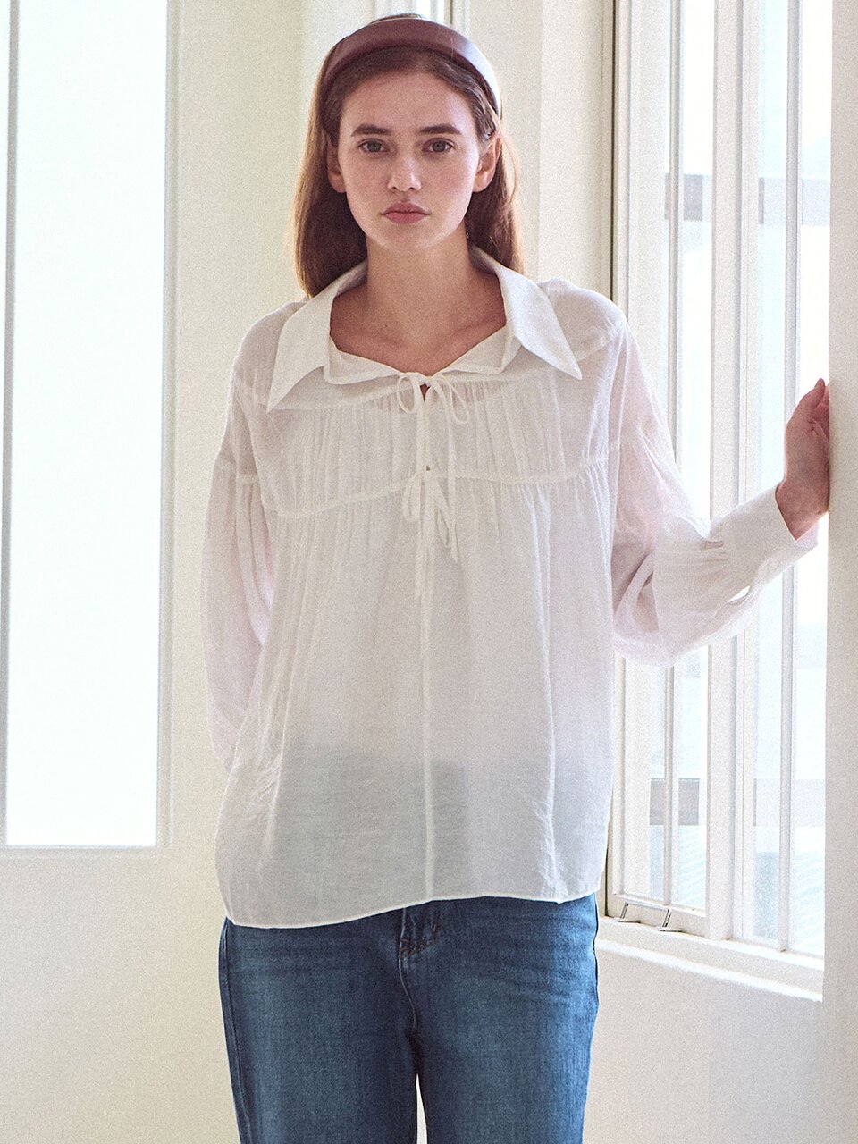 Ribbon tie shirring blouse_3 Colors