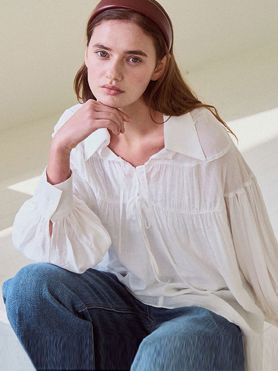 Ribbon tie shirring blouse_3 Colors