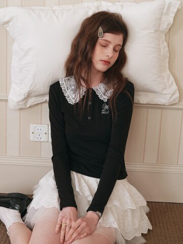 Cest_Lace collar slim long sleeve top
