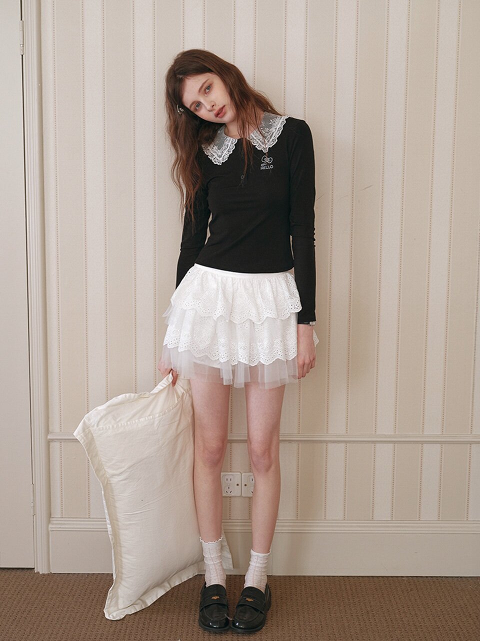 Cest_Lace collar slim long sleeve top