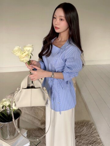 코튼 언밸런스 칼라 블라우스 