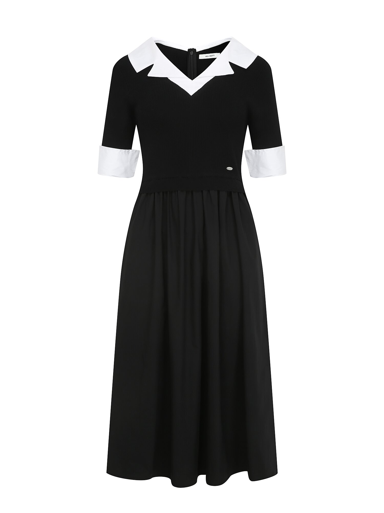 셔츠 니트 배색 플레어 원피스 (BLACK)