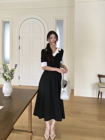 셔츠 니트 배색 플레어 원피스 