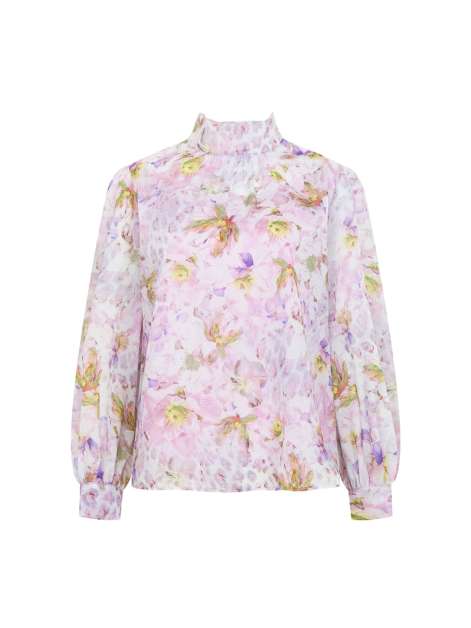 백 스트랩 셔링 하이넥 블라우스 (PRINT PINK)