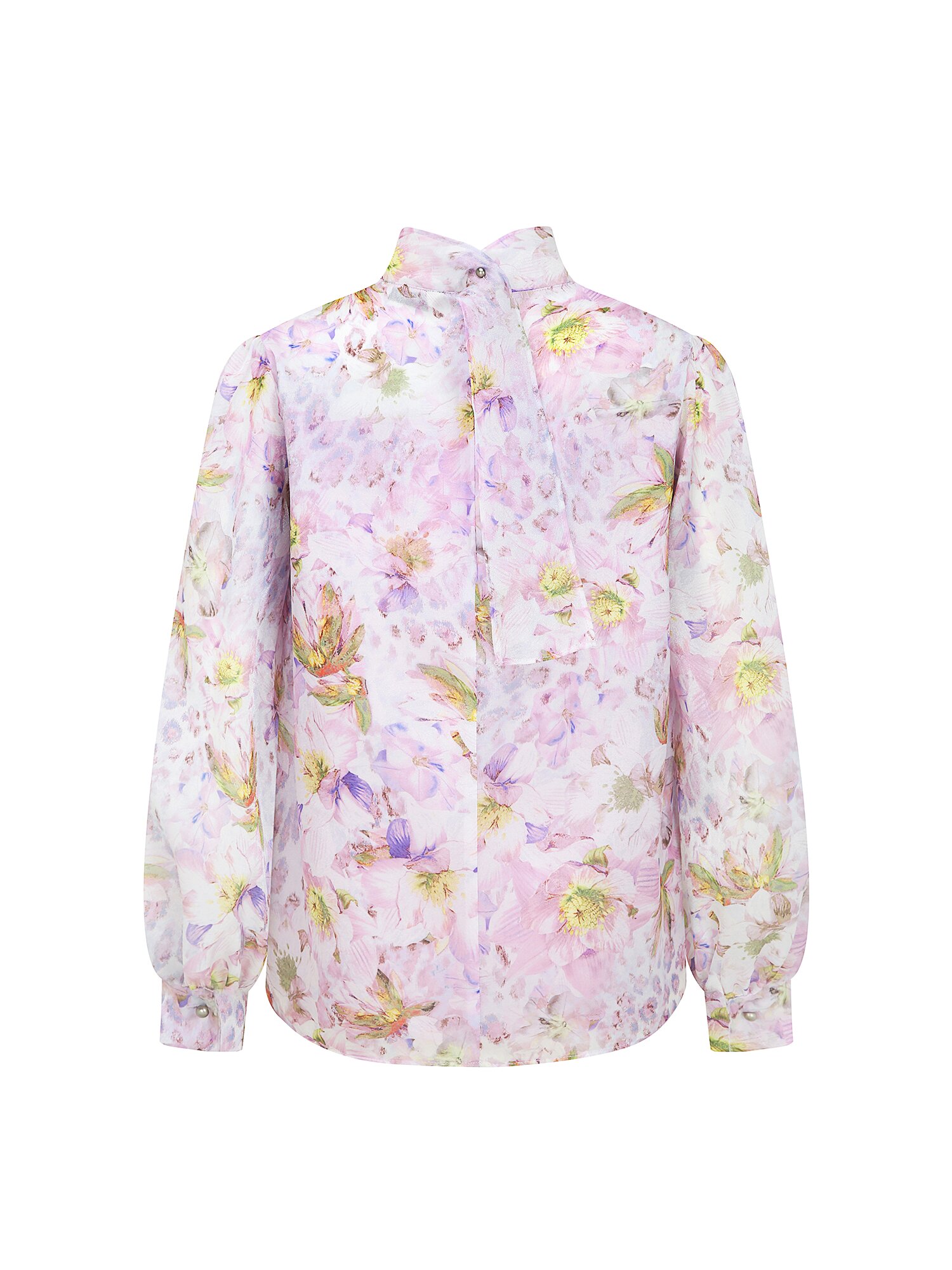 백 스트랩 셔링 하이넥 블라우스 (PRINT PINK)