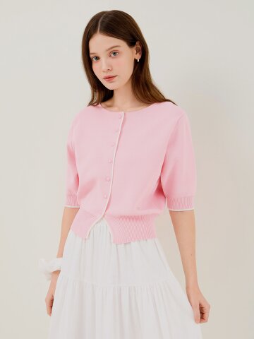 배색 하프 슬리브 크롭 가디건 