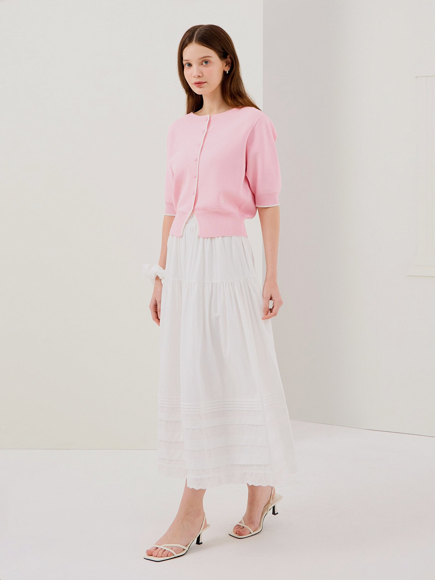 배색 하프 슬리브 크롭 가디건 (PINK)