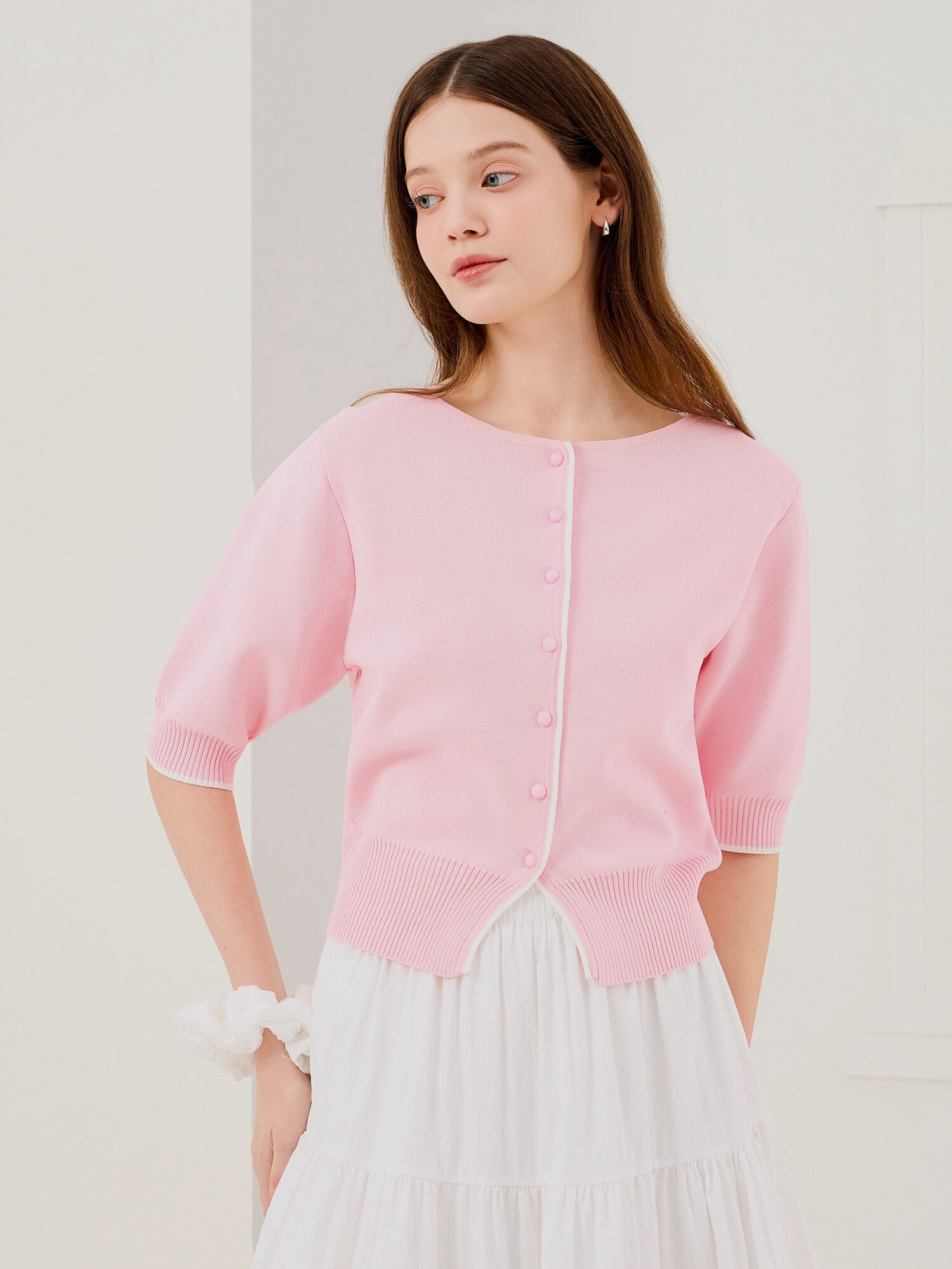 배색 하프 슬리브 크롭 가디건 (PINK)