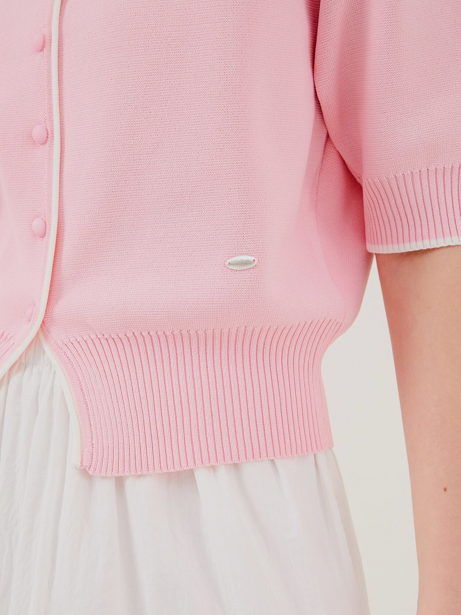 배색 하프 슬리브 크롭 가디건 (PINK)