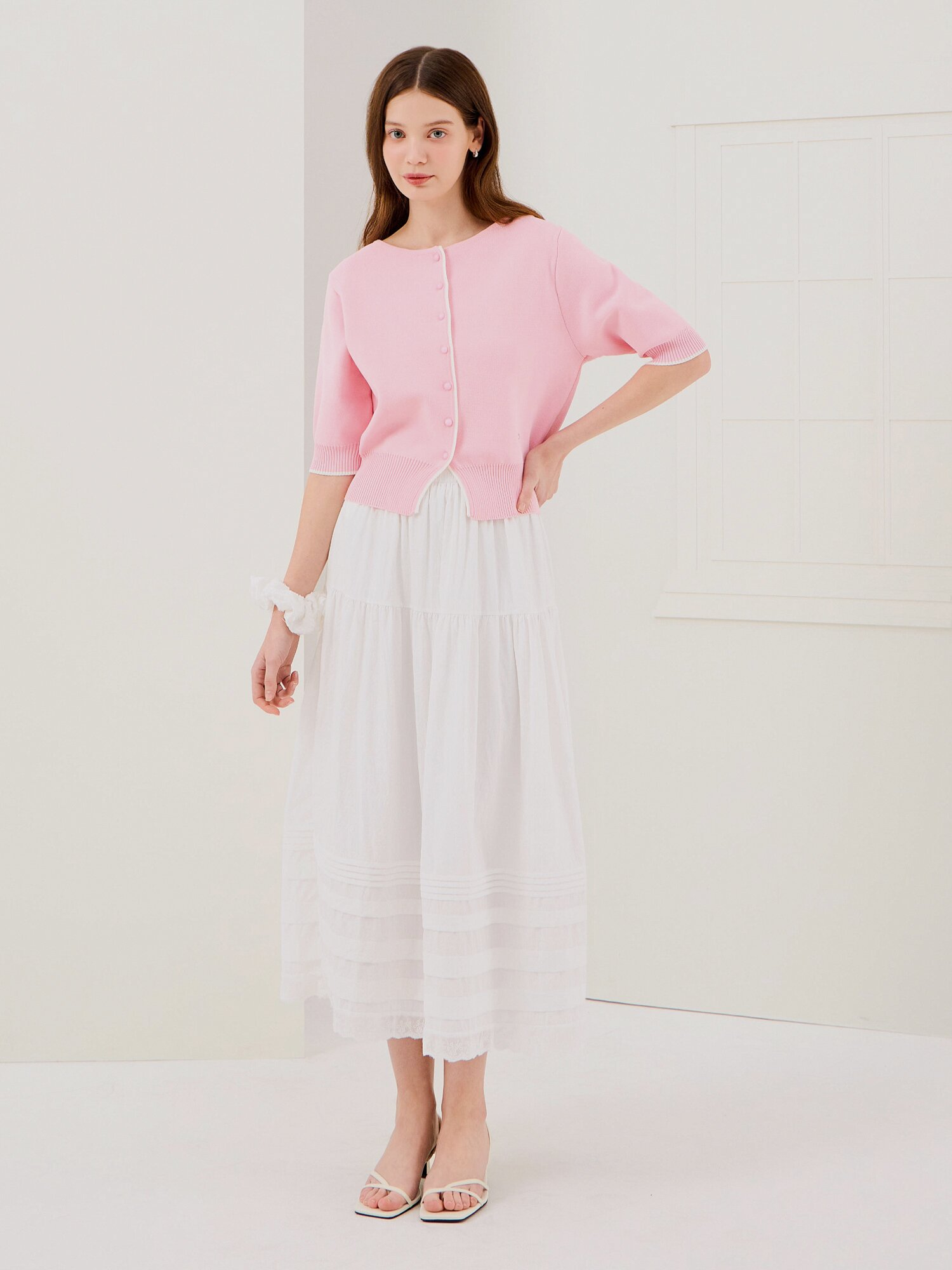 배색 하프 슬리브 크롭 가디건 (PINK)