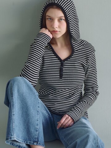 Striped button hoodie slim t-shirt_2 Colors