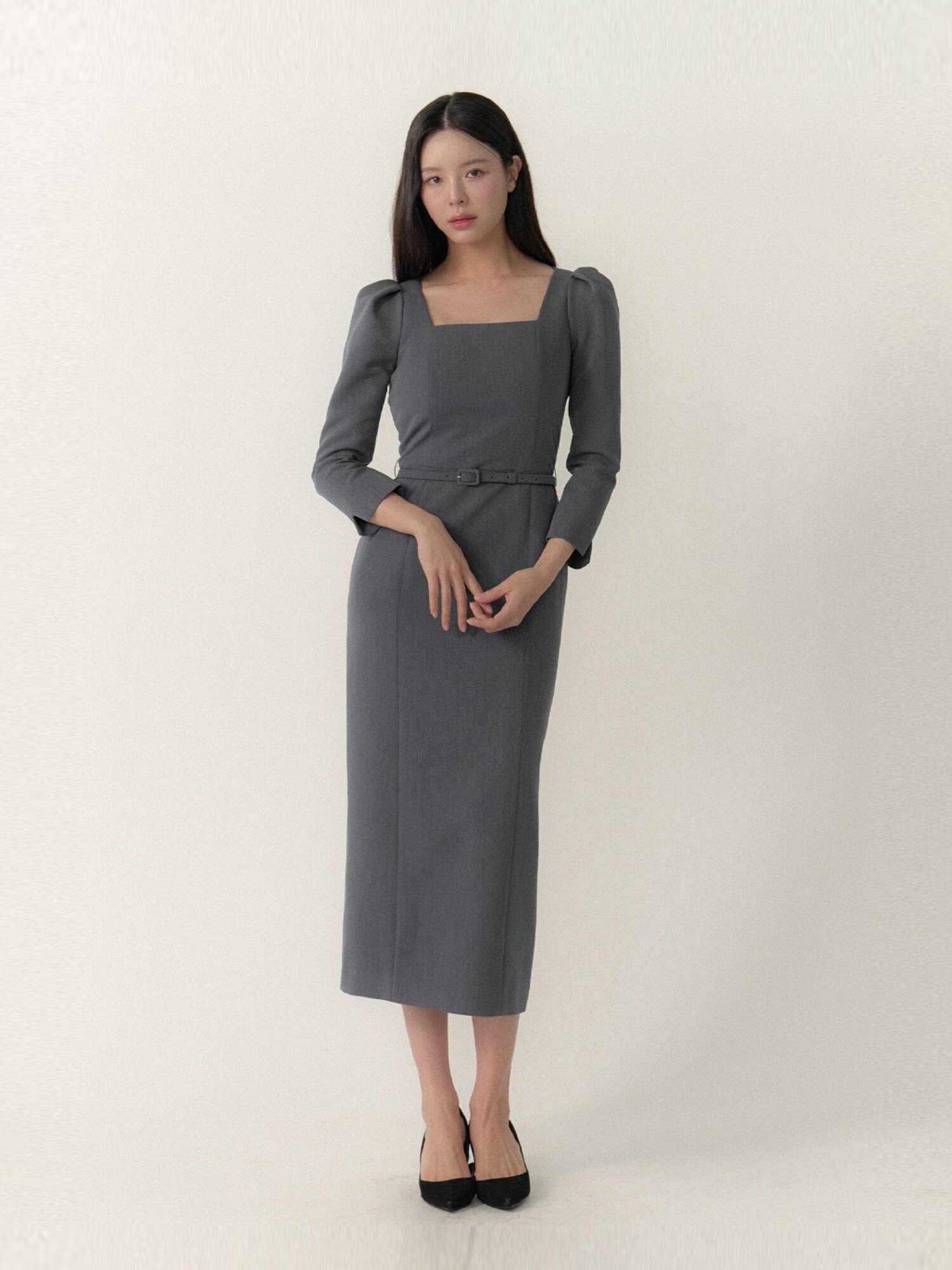 Square-neck Slim Dress(LL) / Gray(4color)
