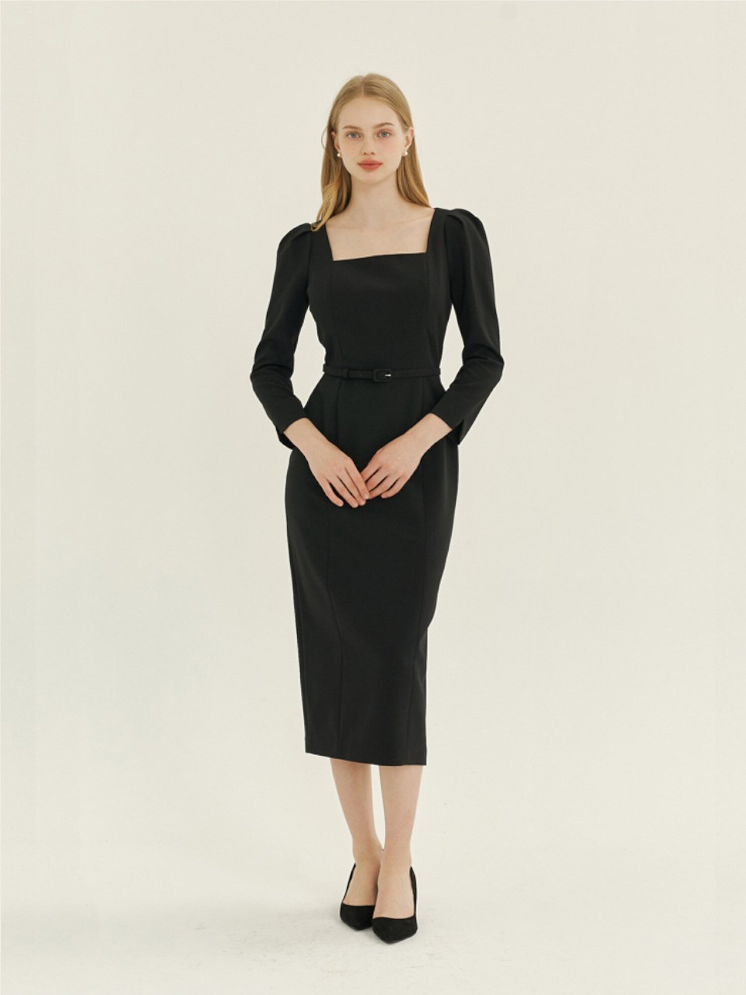 [16차 리오더] Square-neck Slim Dress(LL) / Black(4color)