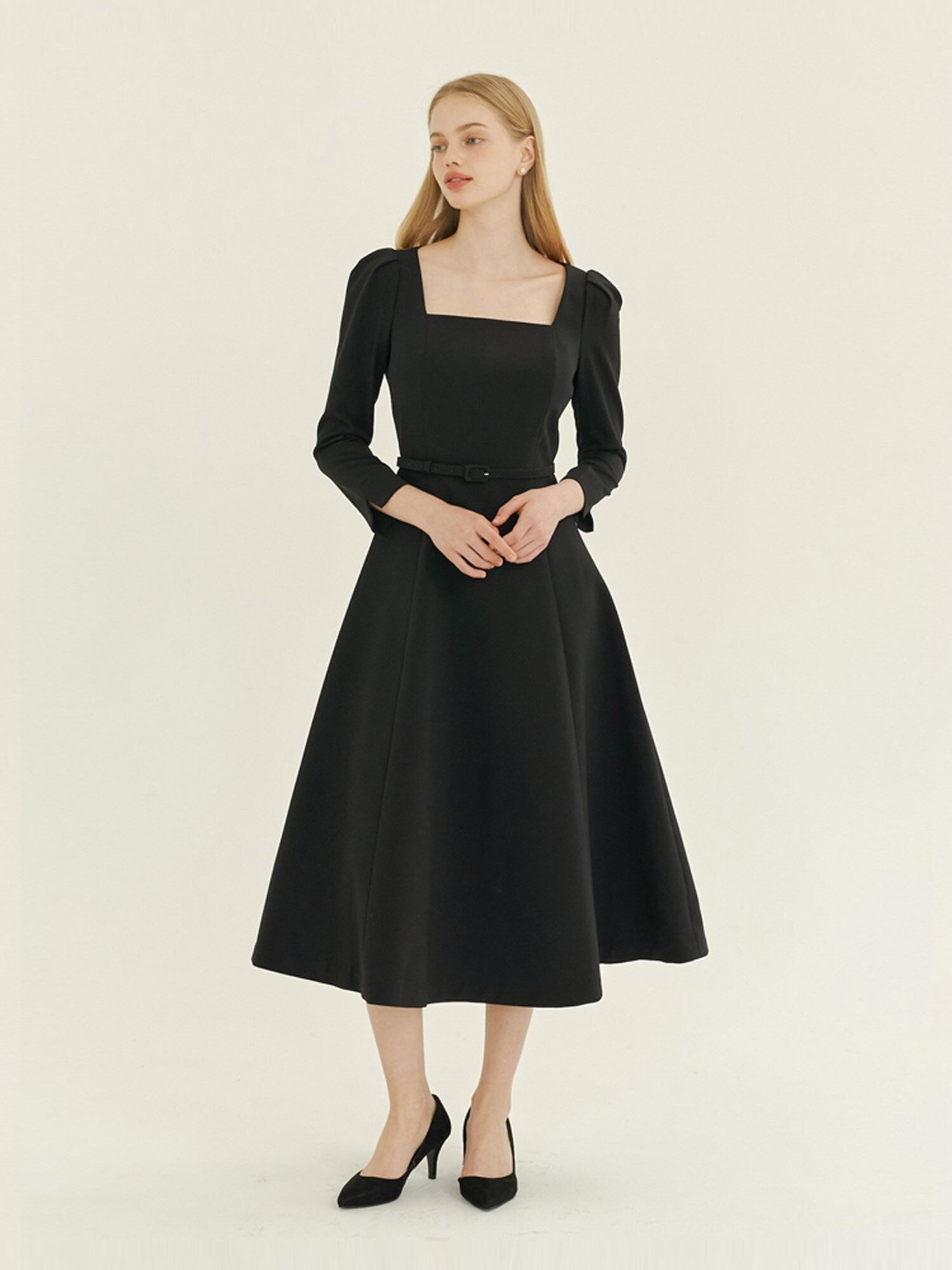 Square-neck Flare Dress(LL) / Black(5color)