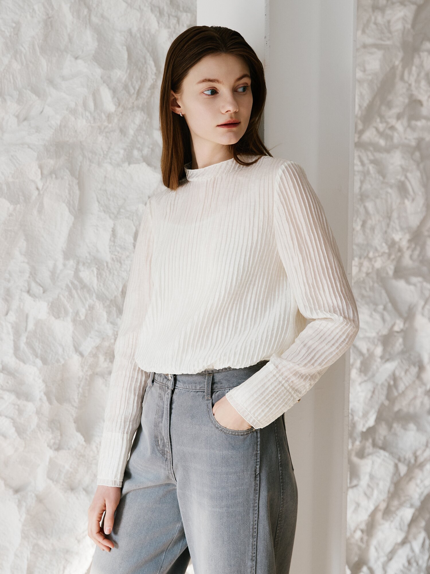 링클 백 버튼 블라우스 +이너 세트 (IVORY)